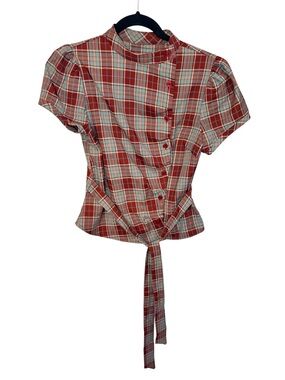 Cider Red and Cream Plaid Tie-Front Short Sleeve Blouse